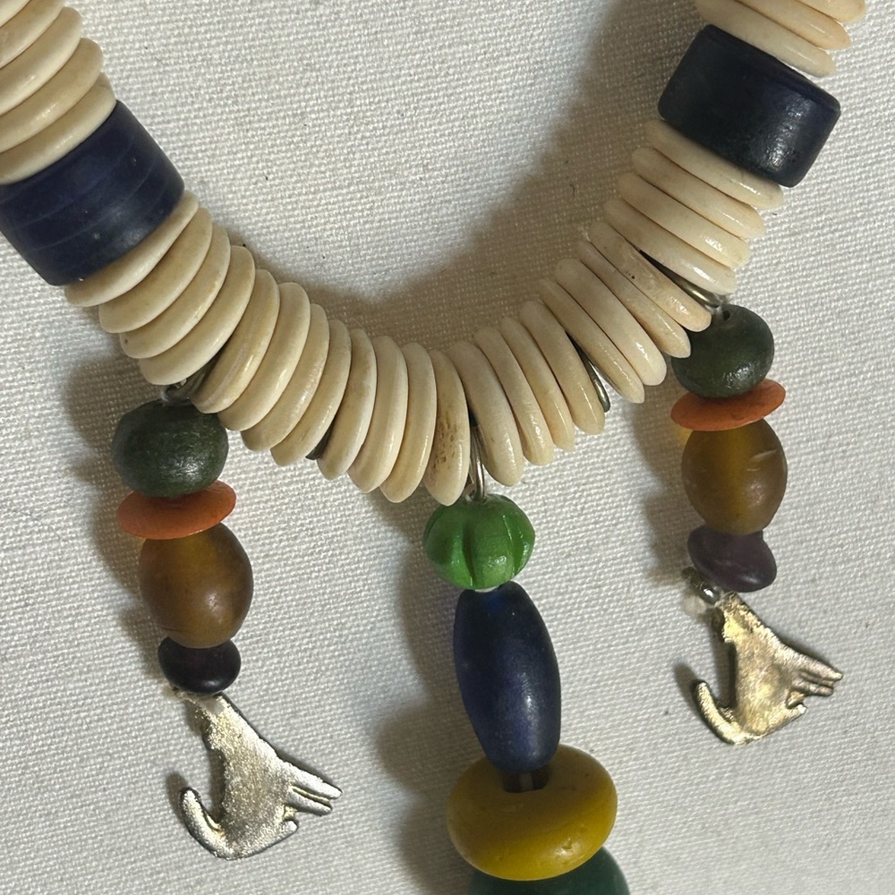 Vintage Antique Multicolor African Trade Beads Silver Animal Charms Necklace - Picture 4 of 6